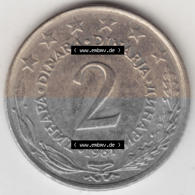 Münzen Jugoslawien Umlaufmünze 1971-1981, 000, Bild mit Rückseite der Münze als Bildmaterial00 2 Dinar 1981 (2) Sammlung