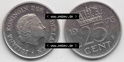 Münzen Niederlande Umlaufmünze 1950-1980, 25 Cent 1976, Bild mit horizontaler Vollansicht als Bildmaterial Sammlung