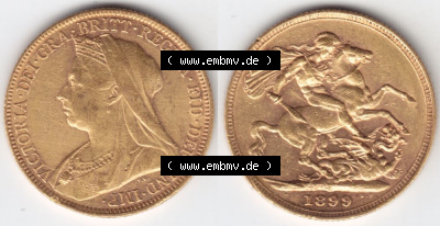 Münzen Großbritannien Goldmünze 1893-1901, 1 Pfund Sovereign 1899. Vorderseite und Rückseite horizontal auf einen digitalen... Sammlung