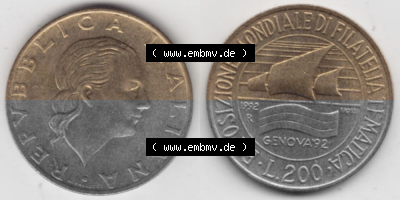 Münzen Italien Gedenkmünze 1992-1992, 200 Lire Briefmarkenausstellung in Genua, Bild mit Vollansicht zum Download Sammlung