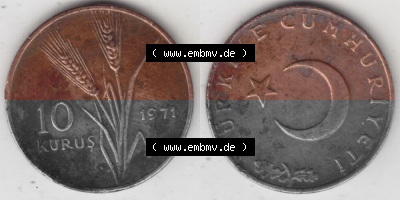 Münzen Türkei Umlaufmünze 1969-1973, 10 Kurus 1971. Vorderseite und Rückseite der Münze der Türkei auf einen Digitalen Bild,... Sammlung