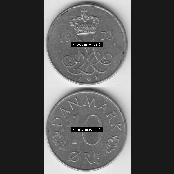 Grau bzw. s/w Münzen Dänemark Umlaufmünze 1973, 10 Öre. Vorderseite und Rückseite vertikal auf einen digitalen Bild der alten dänischen Umlaufmünze aus Dänemark zum... Sammlung Graustufen