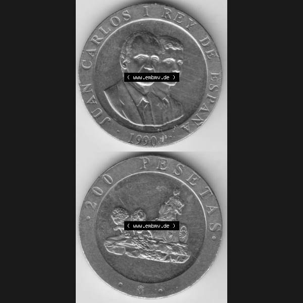 Grau bzw. s/w Münzen Spanien Umlaufmünze 1990-1990, Peseteas - Peseten 1990, Münze aus Spanien, Umlaufmünze / aus Zahlungsverkehr mit Münzseiten Vertikal / Untereinander... Sammlung Graustufen