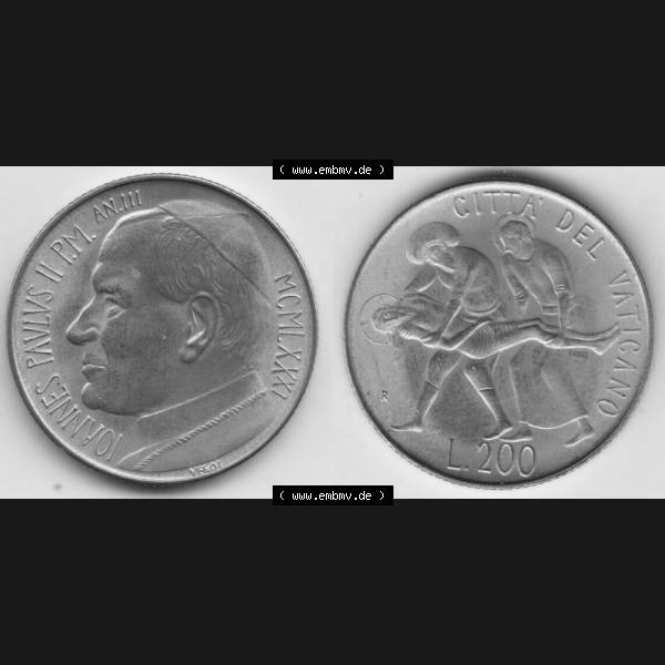 Grau bzw. s/w Münzen Vatikan / Vatikanstadt Umlaufmünze 1981-1981, 200 Lire Papst Johannes Paul II, Bild mit Vollansicht als Bildmaterial. Münze aus dem Vatikan der Vatikanstadt... Sammlung Graustufen