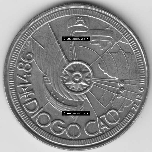 Grau bzw. s/w Münzen Portugal Gedenkmünze 1987-1987, 100 Escudo, Diogo Cao 1486. Rückseite der portugiesischen Gedenkmünze aus Portugal vor der Euro-Einführung in Portugal... Sammlung Graustufen