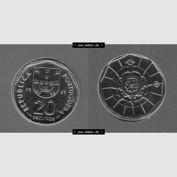 Grau bzw. s/w Münzen Portugal KMS Umlaufmünze 1987, 20 Escudos. Vorderseite und Rückseite auf einen Bild/Foto der portugiesischen Umlaufmünze aus Portugal vor der Euro-Einführung... Sammlung Graustufen
