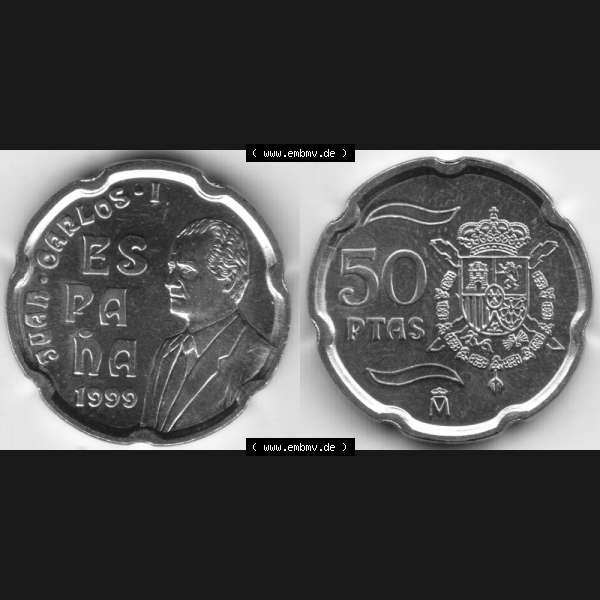 Grau bzw. s/w Münzen Spanien Umlaufmünze 1998-2000, 50 Ptas, Peseten 1999, Bild mit Vollansicht als Bildmaterial Sammlung Graustufen