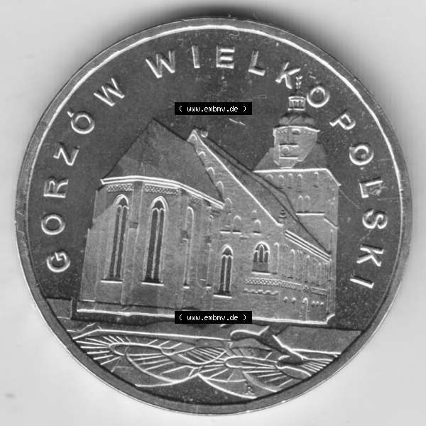 Grau bzw. s/w Münzen Polen Gedenkmünze 2007-2007, 2 Zloty, Historische Städte in Polen - Landsberg an der Warthe, Bild mit Rückseite der Münze als Bildmaterial Sammlung Graustufen