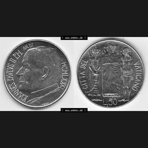 Grau bzw. s/w Münzen Vatikan / Vatikanstadt Umlaufmünze 1981-1981, 50 Lire Papst Johannes Paul II, Bild mit Vollansicht als Bildmaterial. Münze aus dem Vatikan der Vatikanstadt... Sammlung Graustufen