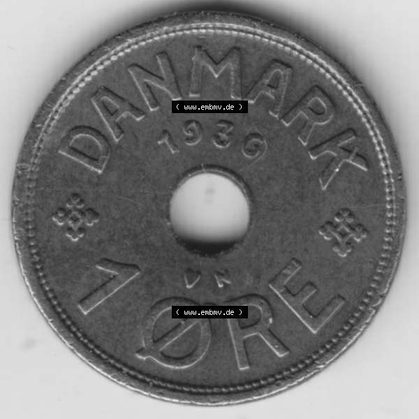 Grau bzw. s/w Münzen Dänemark Umlaufmünze 1926-1940, 1 Öre 1936. Rückseite der alten dänischen Umlaufmünze aus Dänemark zum katalogisieren und verwalten im Münzen-Katalog... Sammlung Graustufen