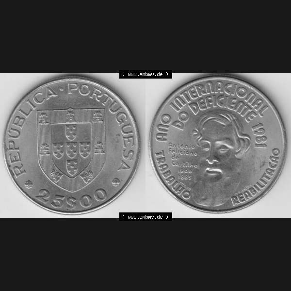 Grau bzw. s/w Münzen Portugal Gedenkmünze 1981-1981, 25 Escudos, Ano Internacional do Deficiente 1981 Internationales Jahr der Behinderten. Vorderseite und Rückseite auf einen Bild/Foto... Sammlung Graustufen