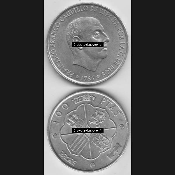 Grau bzw. s/w Münzen Spanien Umlaufmünze 1966-1966, 100 Peseten Silber, Münze aus Spanien, Umlaufmünze / aus Zahlungsverkehr mit Münzseiten Vertikal / Untereinander... Sammlung Graustufen