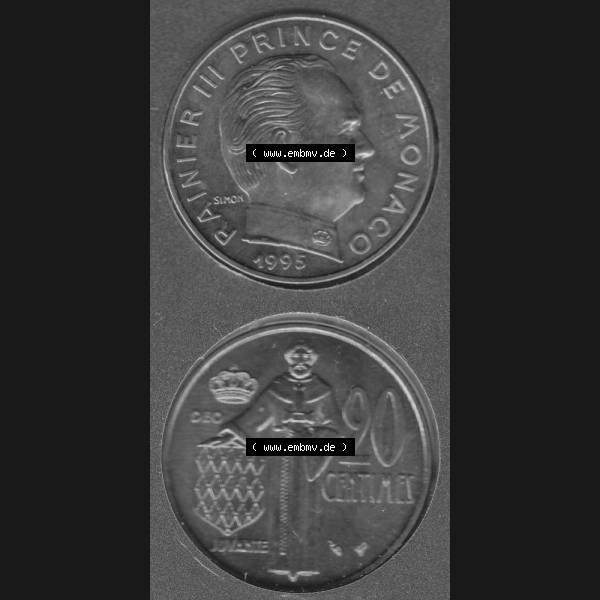 Grau bzw. s/w Münzen Monaco Umlaufmünze 1962-1995, 20 Centimes 1995, Münzseiten Untereinander als Bildmaterial Sammlung Graustufen