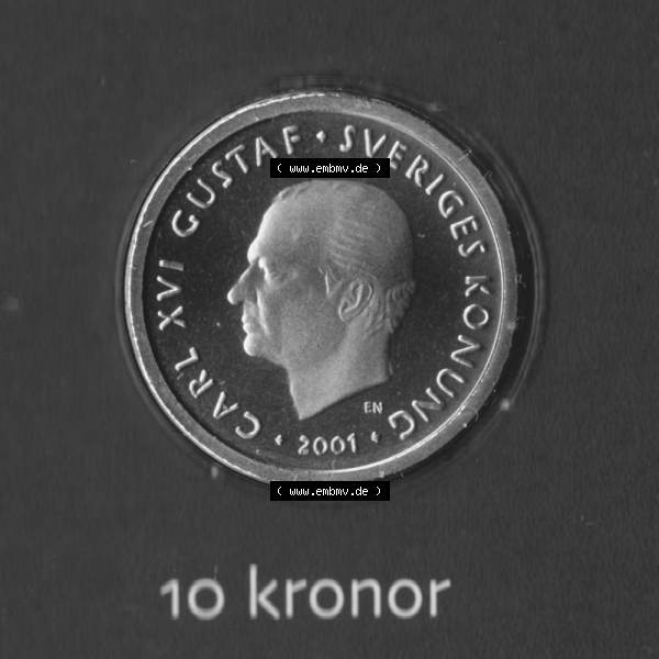 Grau bzw. s/w Münzen Schweden Umlaufmünze 2001-2009, 10 Kronen 2001 KMS, Bild mit Vorderseite der Münze als Bildmaterial Sammlung Graustufen
