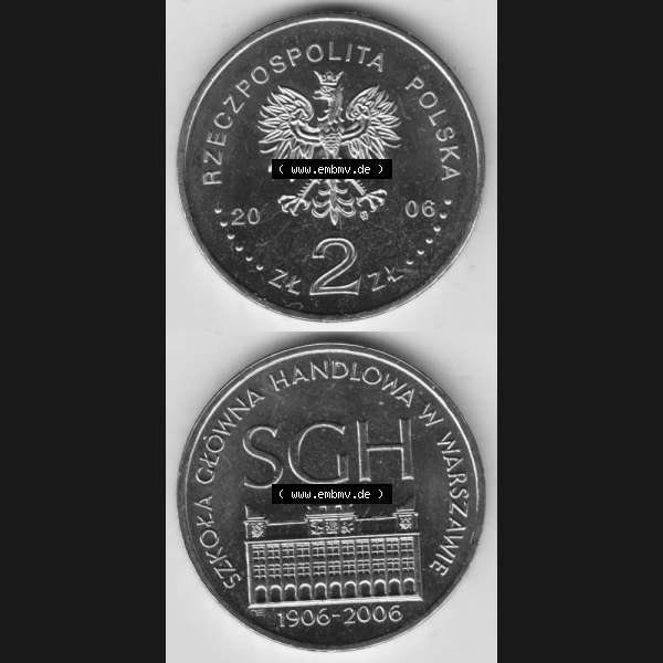 Grau bzw. s/w Münzen Polen Gedenkmünze 2006-2006, 2 Zloty, 100 Jahre Warschauer Hochschule für Wirtschaft, Münzseiten Untereinander als Bildmaterial Sammlung Graustufen