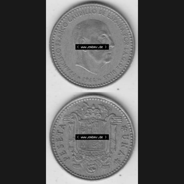 Grau bzw. s/w Münzen Spanien Umlaufmünze 1966-1966, 1 Peseta, Pesete, Münze aus Spanien, Umlaufmünze / aus Zahlungsverkehr mit Münzseiten Vertikal / Untereinander... Sammlung Graustufen