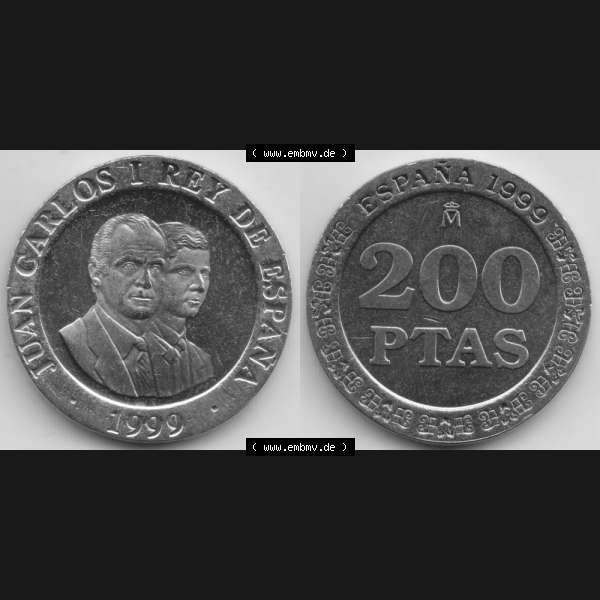 Grau bzw. s/w Münzen Spanien Umlaufmünze 1998-2000, 200 PTAS, Peseten 1999, Bild mit Vollansicht als Bildmaterial Sammlung Graustufen