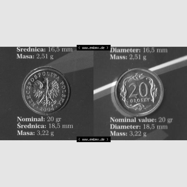 Grau bzw. s/w Münzen Polen KMS Umlaufmünze 2004, 20 Groszy, Bild mit Vollansicht als Bildmaterial Sammlung Graustufen