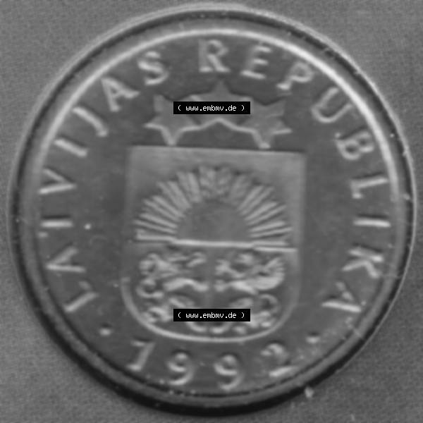 Grau bzw. s/w Münzen Lettland Umlaufmünze 1992-2009, 5 Centimes 1992, Bild mit Vorderseite der Münze als Bildmaterial Sammlung Graustufen