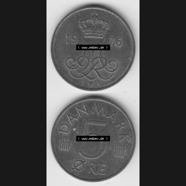 Grau bzw. s/w Münzen Dänemark Umlaufmünze 1976, 5 Öre. Vorderseite und Rückseite vertikal auf einen digitalen Bild der alten dänischen Umlaufmünze aus Dänemark zum... Sammlung Graustufen