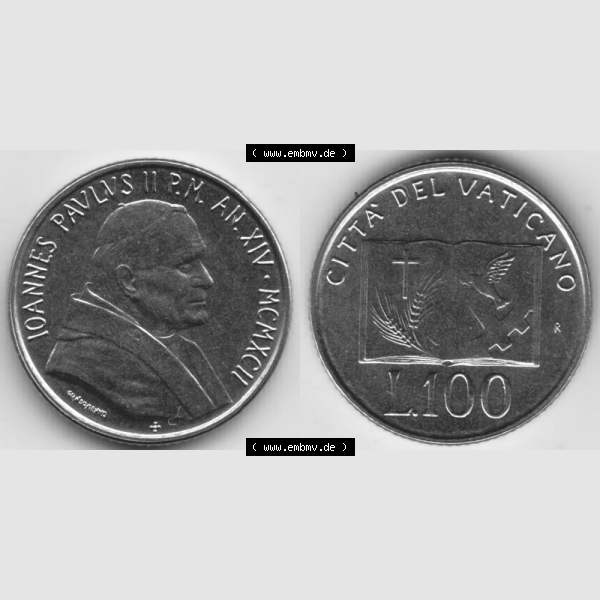 Grau bzw. s/w Münzen Vatikan / Vatikanstadt Umlaufmünze 1992-1992, 100 Lire Papst Giovanni Paolo II, Bild mit Vollansicht als Bildmaterial. Münze aus dem Vatikan der Vatikanstadt... Sammlung Graustufen