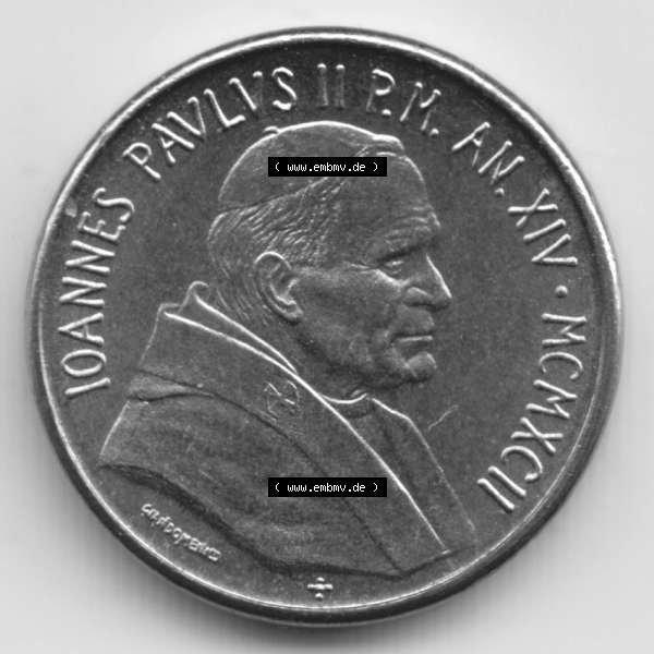 Grau bzw. s/w Münzen Vatikan / Vatikanstadt Umlaufmünze 1992-1992, 50 Lire Papst Giovanni Paolo II, Bild mit Vorderseite der Münze als Bildmaterial. Münze aus dem Vatikan der... Sammlung Graustufen