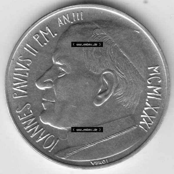 Grau bzw. s/w Münzen Vatikan / Vatikanstadt Umlaufmünze 1981-1981, 10 Lire Papst Johannes Paul II, Bild mit Vorderseite der Münze als Bildmaterial. Münze aus dem Vatikan der... Sammlung Graustufen