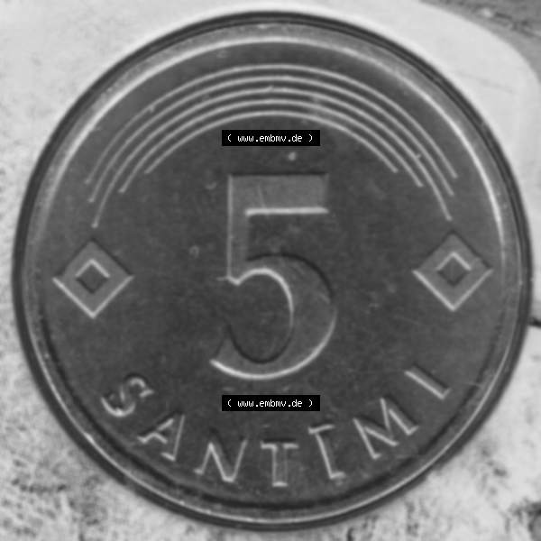 Grau bzw. s/w Münzen Lettland Umlaufmünze 1992-2009, 5 Centimes 1992, Bild mit Rückseite der Münze als Bildmaterial Sammlung Graustufen