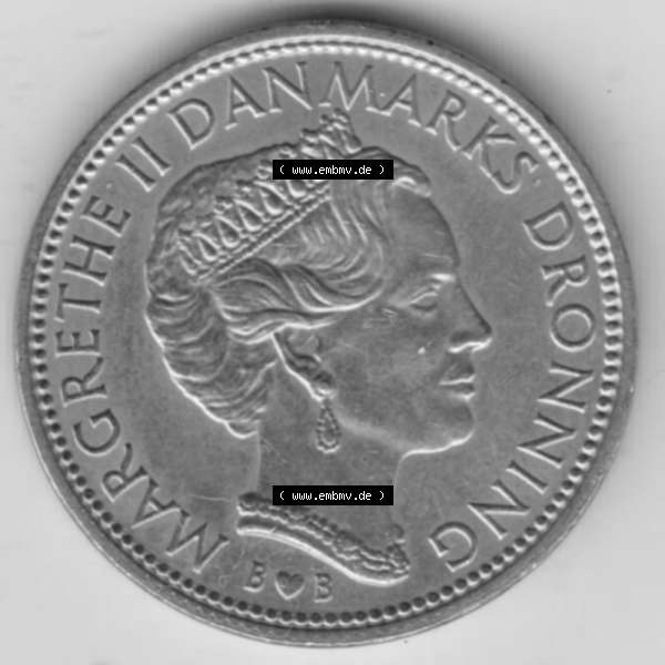 Grau bzw. s/w Münzen Dänemark Umlaufmünze 1979-1988, 10 Kronen 1979, Königin Margrethe II.. Vorderseite der alten dänischen Umlaufmünze aus Dänemark zum katalogisieren... Sammlung Graustufen