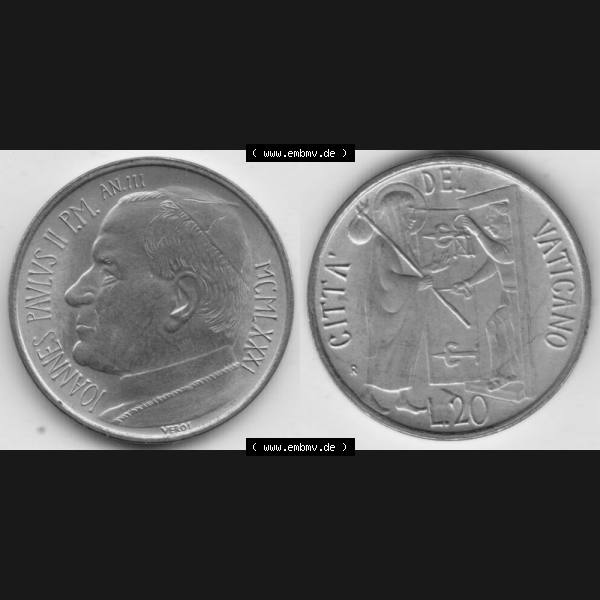 Grau bzw. s/w Münzen Vatikan / Vatikanstadt Umlaufmünze 1981-1981, 20 Lire Papst Johannes Paul II, Bild mit Vollansicht als Bildmaterial. Münze aus dem Vatikan der Vatikanstadt... Sammlung Graustufen