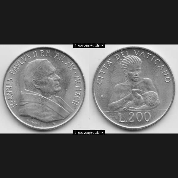 Grau bzw. s/w Münzen Vatikan / Vatikanstadt Umlaufmünze 1992-1992, 200 Lire Papst Giovanni Paolo II, Bild mit Vollansicht als Bildmaterial. Münze aus dem Vatikan der Vatikanstadt... Sammlung Graustufen
