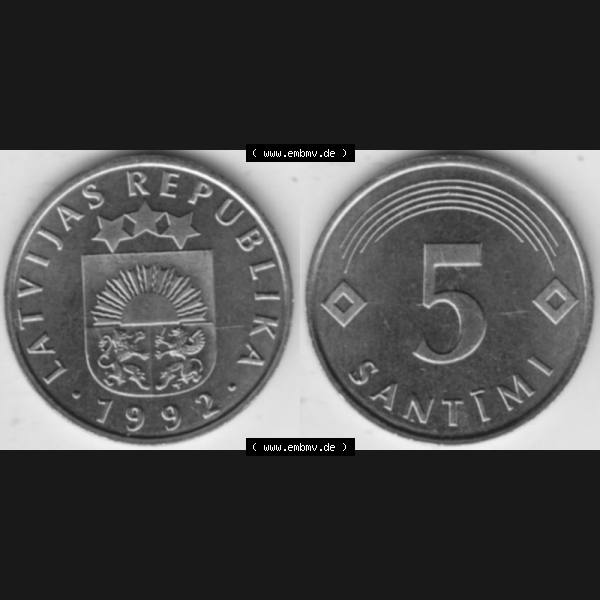 Grau bzw. s/w Münzen Lettland Umlaufmünze 1992-2009, 5 Santimi 1992, Bild mit horizontaler Vollansicht als Bildmaterial Sammlung Graustufen