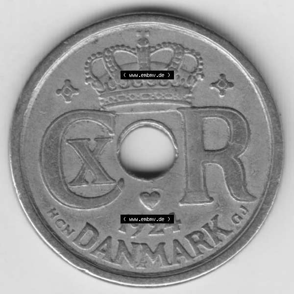 Grau bzw. s/w Münzen Dänemark Umlaufmünze 1924-1947, 25 Öre 1924. Vorderseite der alten dänischen Umlaufmünze aus Dänemark zum katalogisieren und verwalten im Münzen-Katalog... Sammlung Graustufen