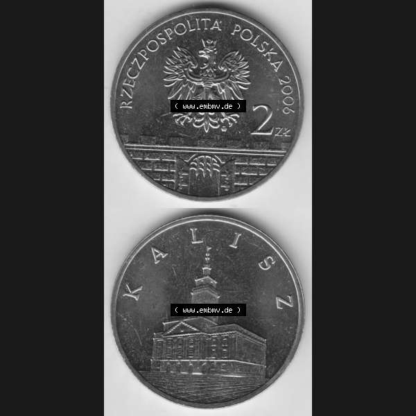 Grau bzw. s/w Münzen Polen Gedenkmünze 2006-2006, 2 Zloty, Historische Städte Polens - Kalisz, Münzseiten Untereinander als Bildmaterial Sammlung Graustufen