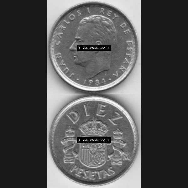 Grau bzw. s/w Münzen Spanien Umlaufmünze 1984-1984, 10 Peseten 1984, Münze aus Spanien, Umlaufmünze / aus Zahlungsverkehr mit Münzseiten Vertikal / Untereinander auf... Sammlung Graustufen
