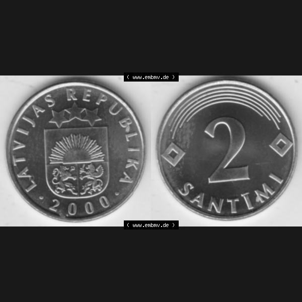 Grau bzw. s/w Münzen Lettland Umlaufmünze 1992-2009, 2 Santimi 2000, Bild mit horizontaler Vollansicht als Bildmaterial Sammlung Graustufen