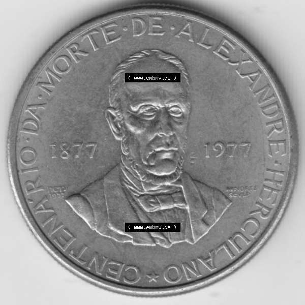 Grau bzw. s/w Münzen Portugal Gedenkmünze 1977-1977, 5 Escudo 1877-1977 Centenario Da Morte De Alexandre Herculano. Rückseite der portugiesischen Gedenkmünze aus Portugal vor der Euro-Einführung... Sammlung Graustufen