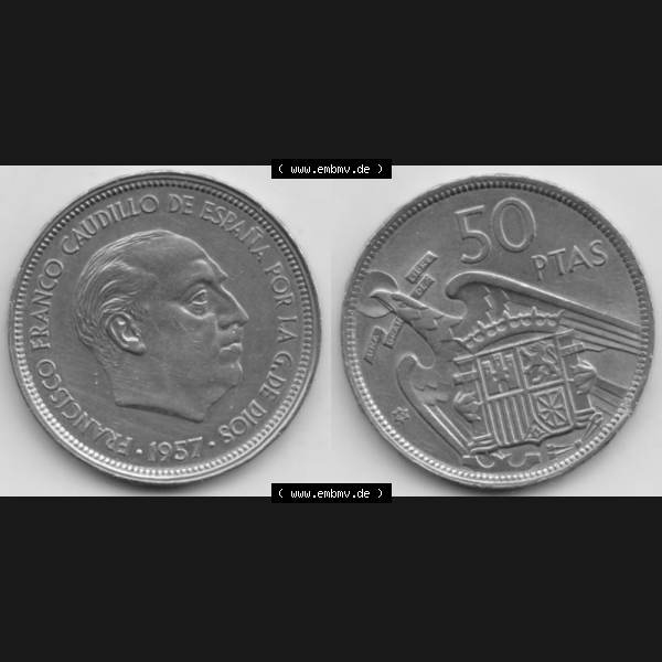 Grau bzw. s/w Münzen Spanien Umlaufmünze 1957-1957, 50 Peseten 1960, Bild mit Vollansicht als Bildmaterial Sammlung Graustufen