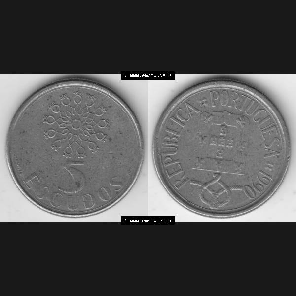 Grau bzw. s/w Münzen Portugal Umlaufmünze 1986-2001, 5 Escudos 1990. Vorderseite und Rückseite auf einen Bild/Foto der portugiesischen Umlaufmünze aus Portugal vor der Euro-Einführung... Sammlung Graustufen