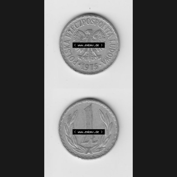 Grau bzw. s/w Münzen Polen Umlaufmünze 1957-1985, 1 Zloty 1975, Münzseiten Untereinander als Bildmaterial Sammlung Graustufen