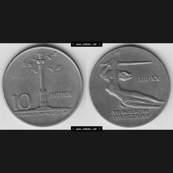 Grau bzw. s/w Münzen Polen Gedenkmünze 1965-1965, 10 Zloty 700 Jahre Warschau, Sigismundssäule, Bild mit Vollansicht als Bildmaterial Sammlung Graustufen