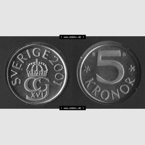 Grau bzw. s/w Münzen Schweden Umlaufmünze 1993-2009, 5 Kronen 2001 KMS, Bild mit Vollansicht als Bildmaterial Sammlung Graustufen
