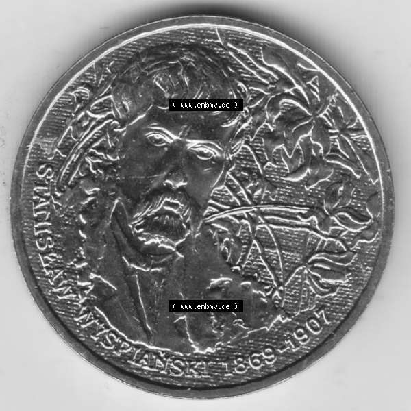 Grau bzw. s/w Münzen Polen Gedenkmünze 2004-2004, 2 Zloty, Polnische Maler - Stanislaw Wyspianski, Bild mit Rückseite der Münze als Bildmaterial Sammlung Graustufen