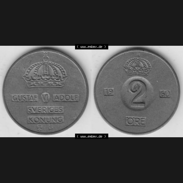 Grau bzw. s/w Münzen Schweden Umlaufmünze 1952-1971, 2 Öre 1960, Bild mit Vollansicht als Bildmaterial Sammlung Graustufen