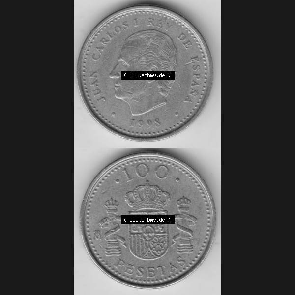 Grau bzw. s/w Münzen Spanien Umlaufmünze 1998-2000, 100 Pesetas - Peseten 1998, Münze aus Spanien, Umlaufmünze / aus Zahlungsverkehr mit Münzseiten Vertikal / Untereinander... Sammlung Graustufen