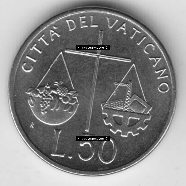 Grau bzw. s/w Münzen Vatikan / Vatikanstadt Umlaufmünze 1992-1992, 50 Lire Papst Giovanni Paolo II, Bild mit Rückseite der Münze als Bildmaterial. Münze aus dem Vatikan... Sammlung Graustufen
