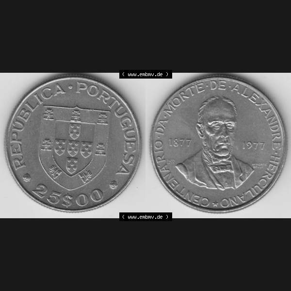 Grau bzw. s/w Münzen Portugal Gedenkmünze 1977-1977, 25 Escudo 1877-1977 Centenario Da Morte De Alexandre Herculano. Vorderseite und Rückseite auf einen Bild/Foto der portugiesischen... Sammlung Graustufen