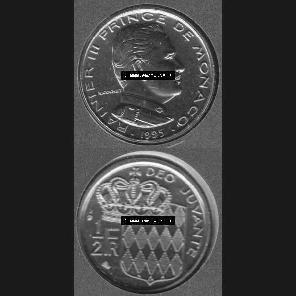 Grau bzw. s/w Münzen Monaco Umlaufmünze 1965-1995, 0.50 Fr, Franc, Franken Rainier III Prince de Monaco 1995, Münzseiten Untereinander als Bildmaterial Sammlung Graustufen
