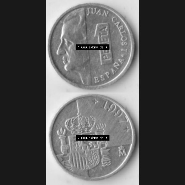 Grau bzw. s/w Münzen Spanien Umlaufmünze 1989-2001, 1 Pesete 1997, Münze aus Spanien, Umlaufmünze / aus Zahlungsverkehr mit Münzseiten Vertikal / Untereinander auf... Sammlung Graustufen