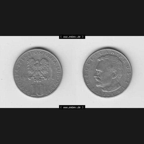 Grau bzw. s/w Münzen Polen Umlaufmünze 1975-1984, 10 Zlotych Boleslaw Prus 1976, Bild mit Vollansicht als Bildmaterial Sammlung Graustufen